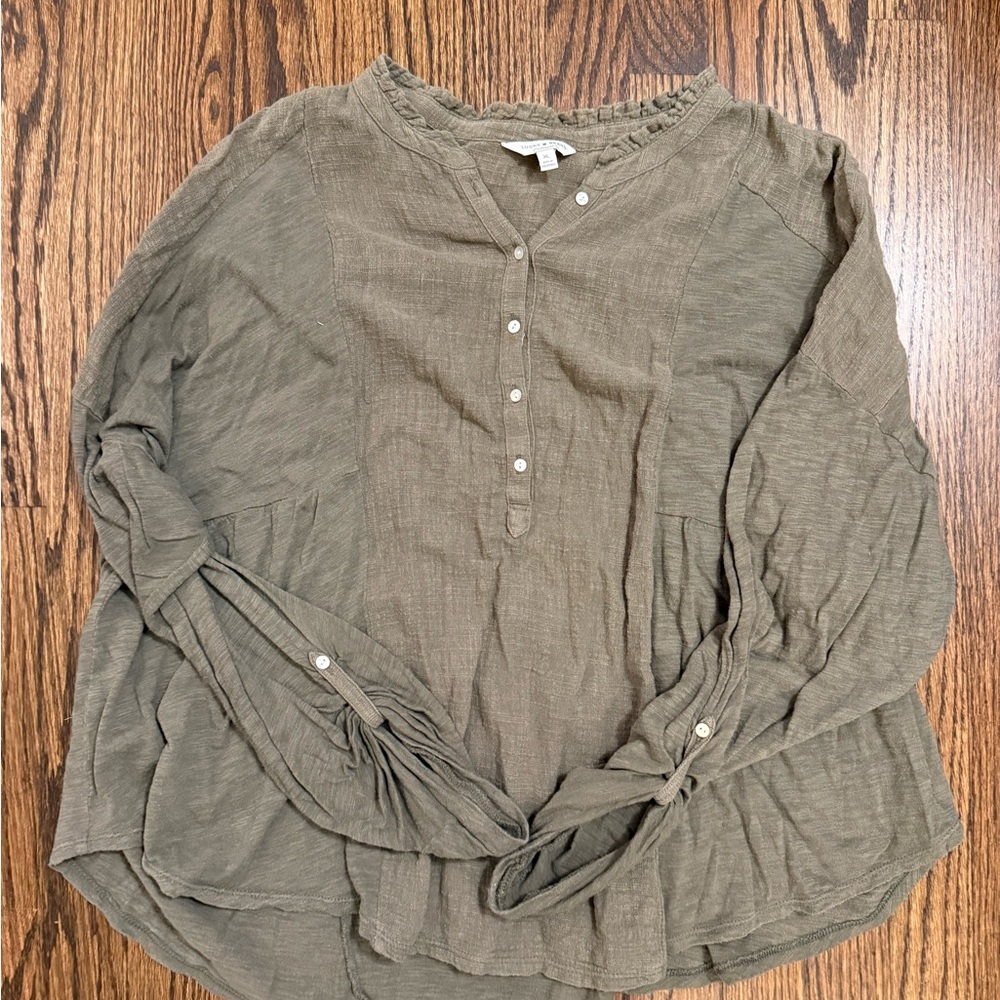Lucky Brand Olive Button-Up Blouse Peplum Swing